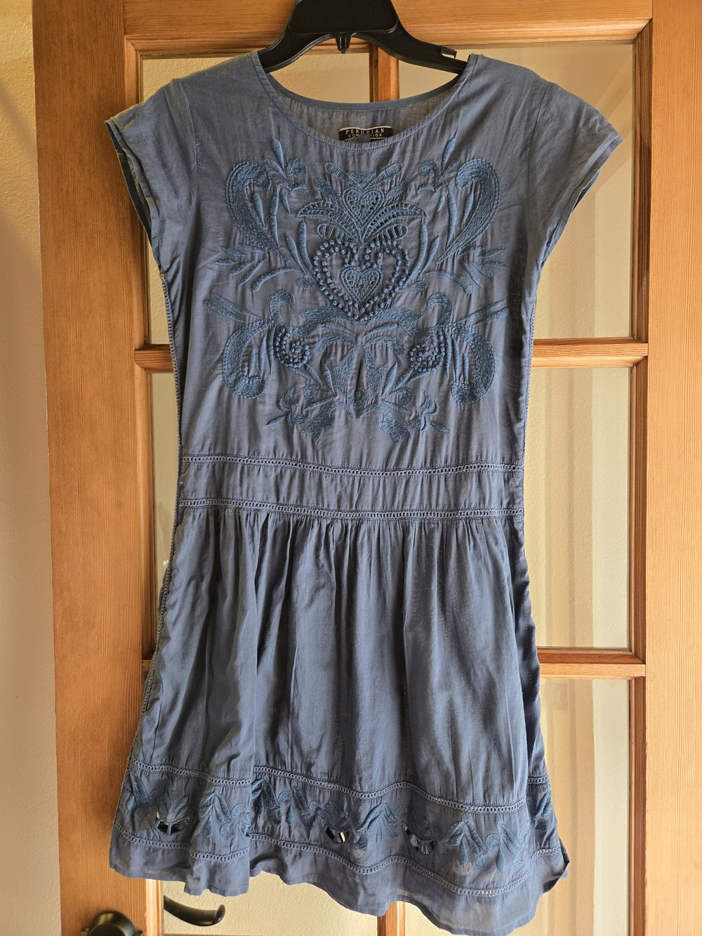 Peruvian Connection Blue Embroidered Cotton Mini Dress Tunic